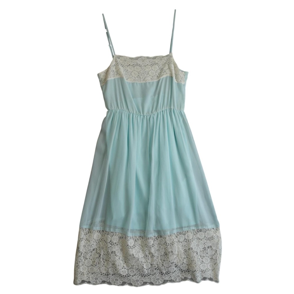 Y2K Light‎ Blue White Lace Trim Slip Dress S Sheer Romantic Coquette Soft Girl